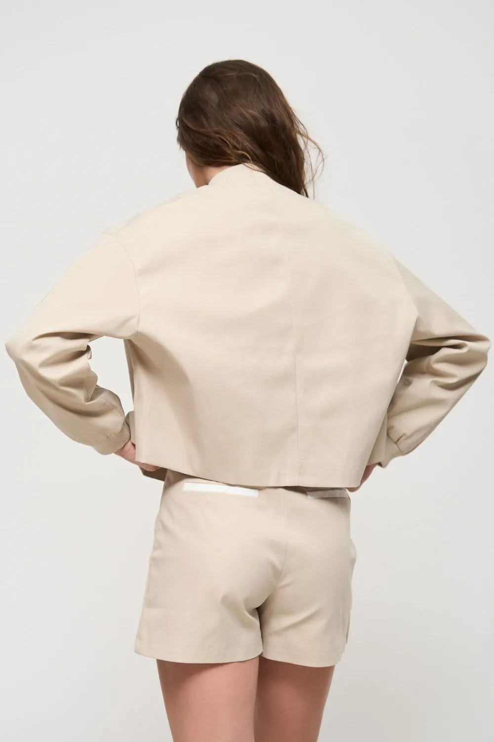 Beige Cropped Bomber Jacket with Pockets - Image 5