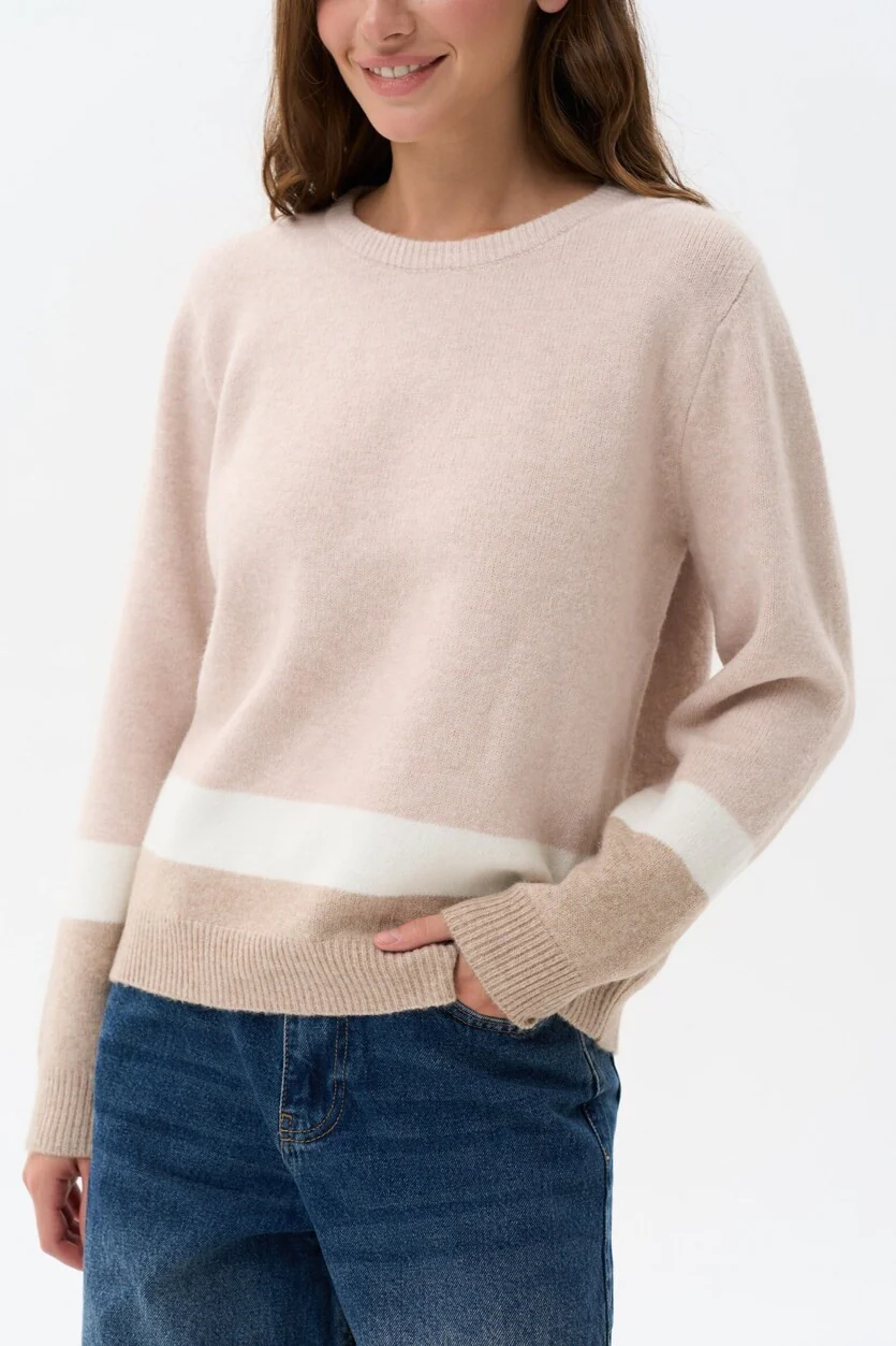 Beige Color Block Knit Sweater - Image 3