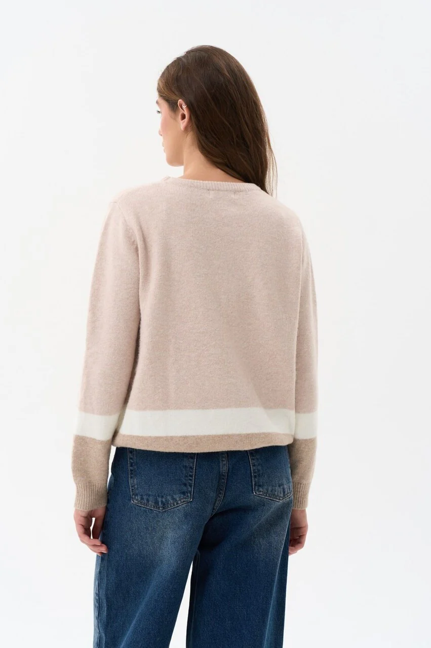 Beige Color Block Knit Sweater - Image 4