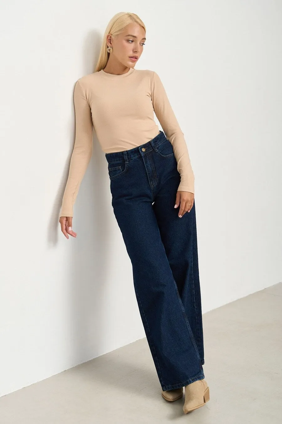 Basic viscose long-sleeve top, Beige - Image 3