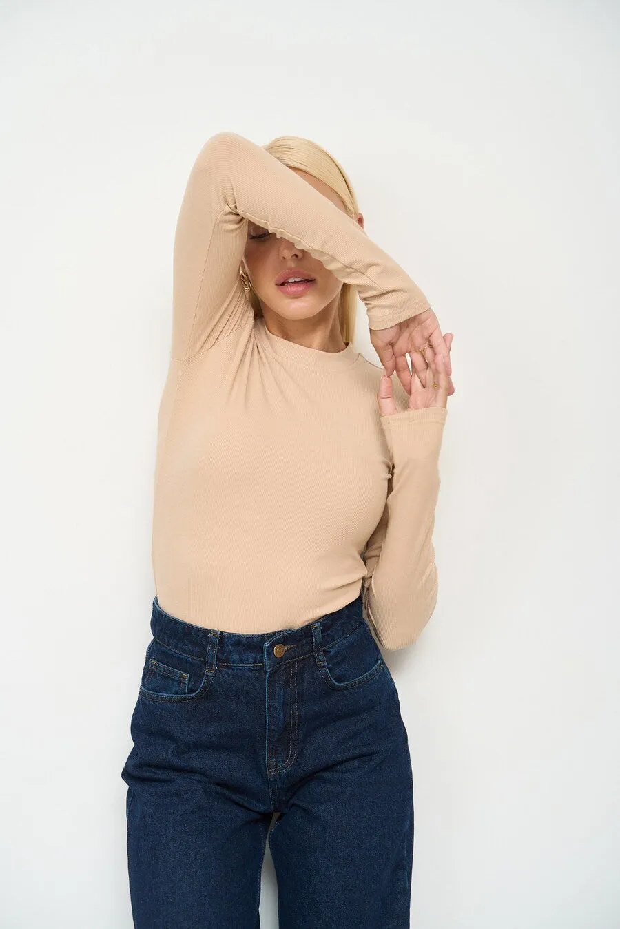 Basic viscose long-sleeve top, Beige - Image 4