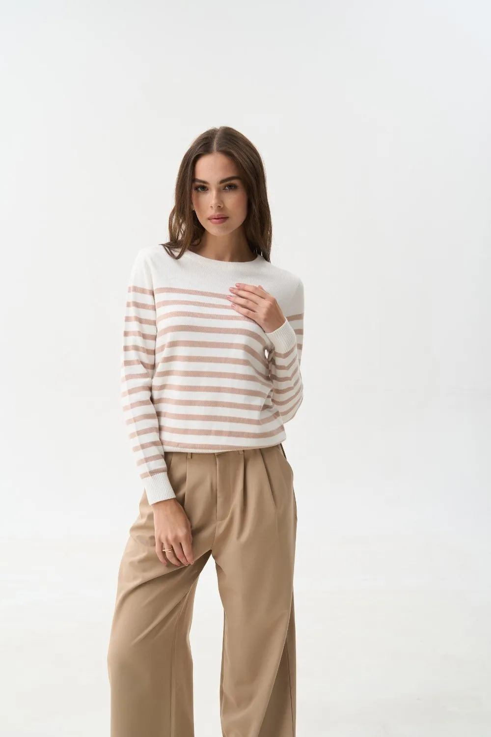 Beige Striped Knit Sweater with a Crew Neck - Image 3