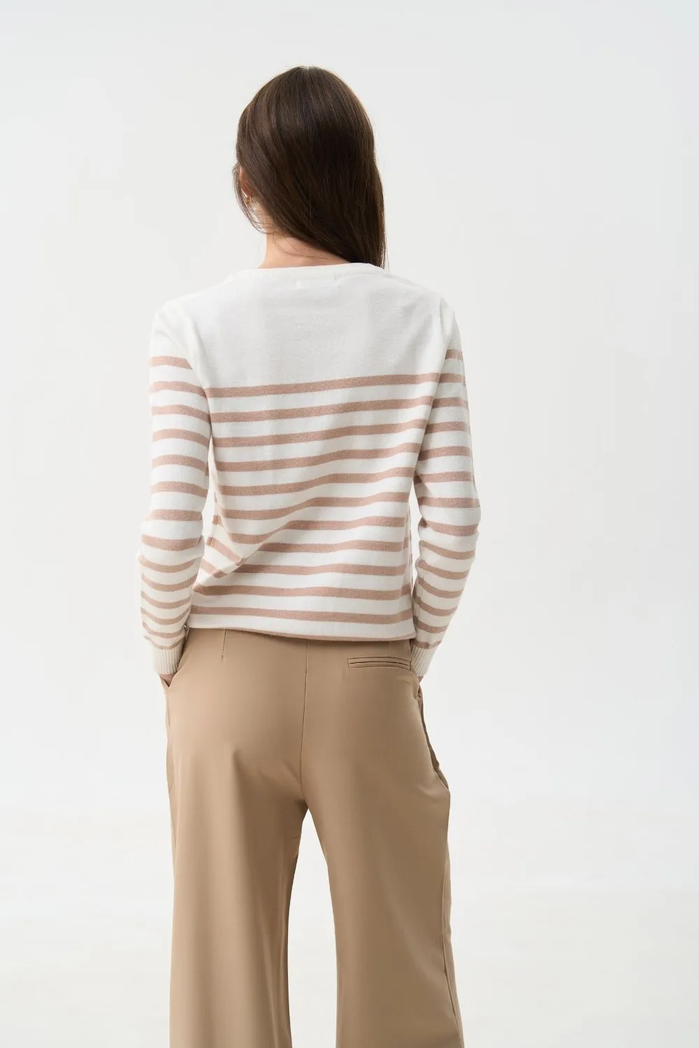 Beige Striped Knit Sweater with a Crew Neck - Image 4
