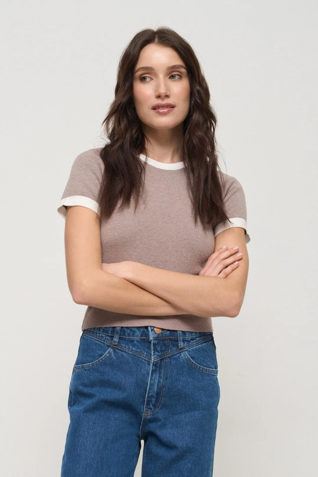 Beige Contrast Trim Knit T-Shirt - Image 5