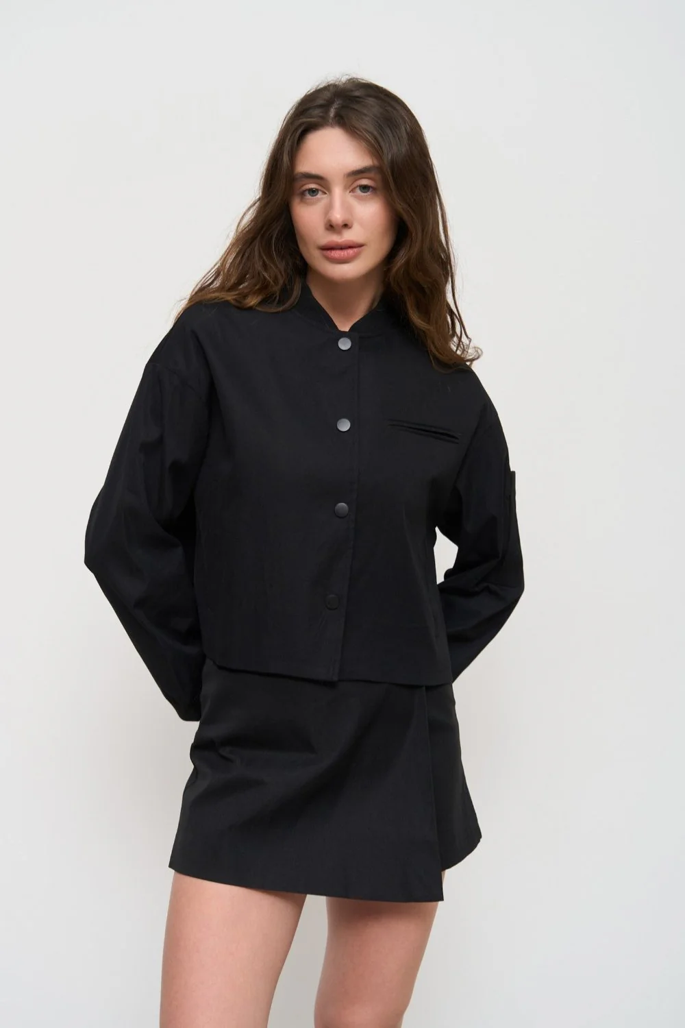 Black Cropped Bomber Jacket with Pockets - Image 4