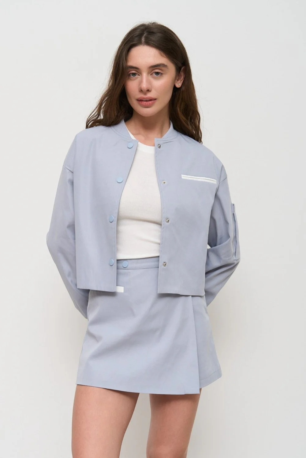 Grey Cropped Bomber Jacket with Pockets - Image 3