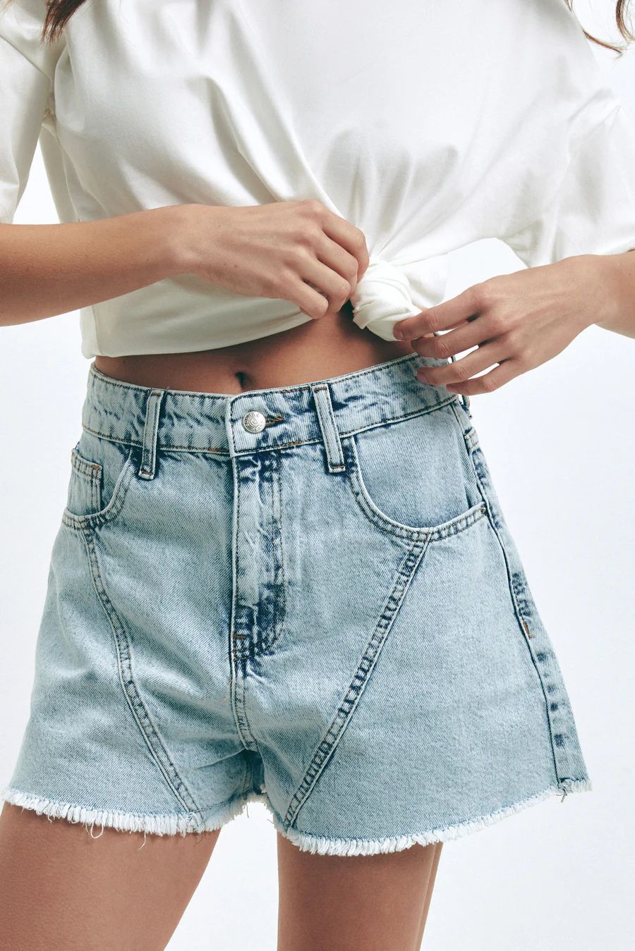 Light Blue Denim Shorts with Seams - Image 4