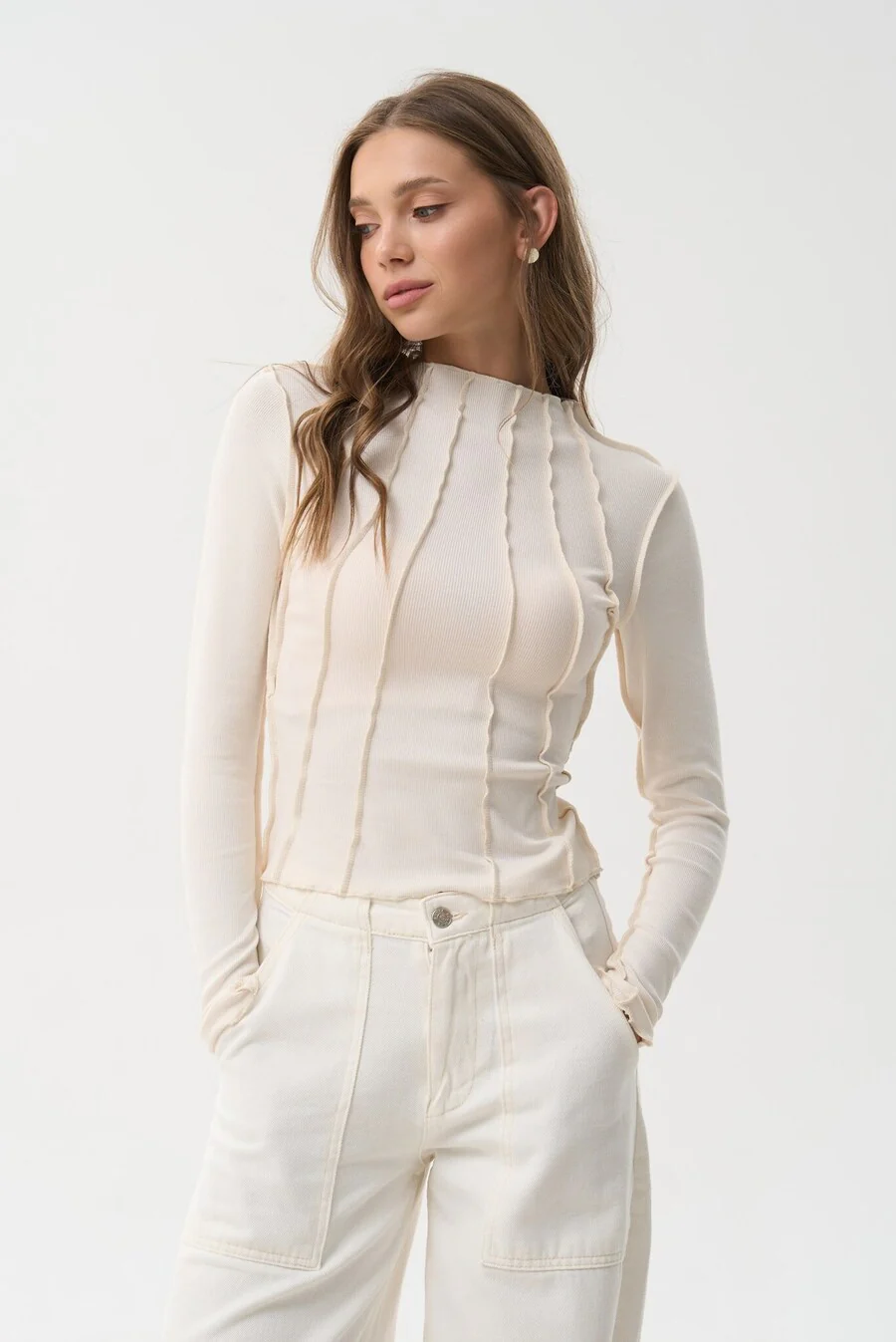 Milk Long Sleeve Top with Reversed Seams - Image 3