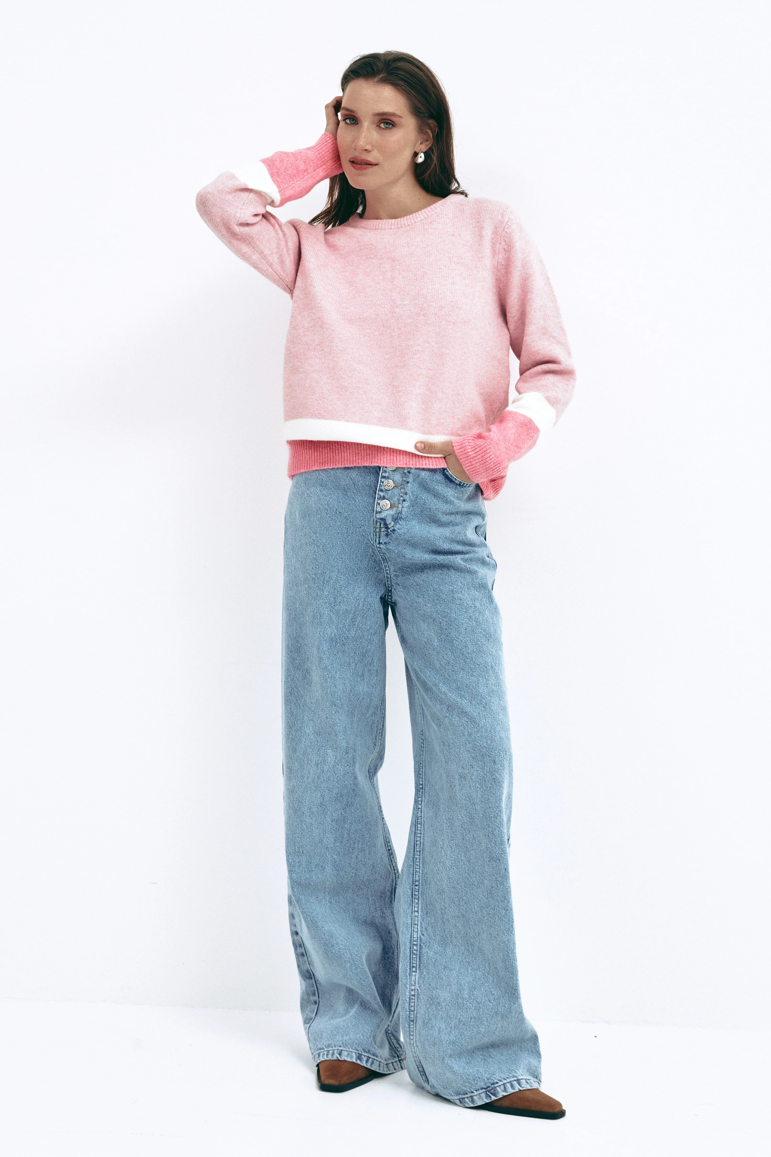 Pink Color Block Knit Sweater - Image 3