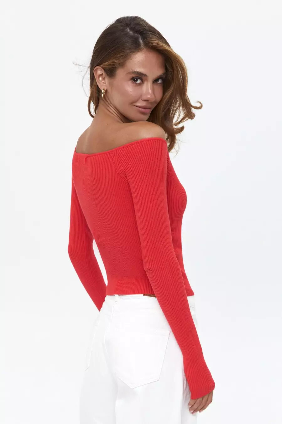Spicy Red Sweetheart Neckline Ribbed knit Long Sleeve - Image 5
