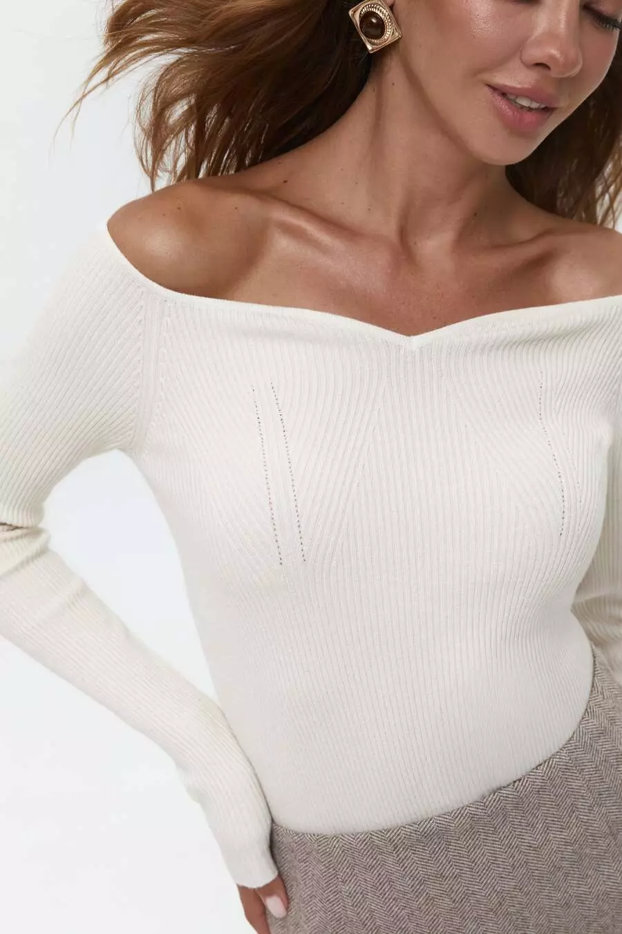 Beige Sweetheart Neckline Ribbed knit Long Sleeve - Image 3